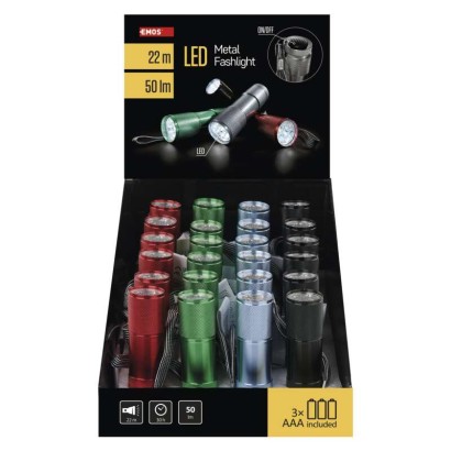 LED ruční kovová svítilna P3848A, 50 lm, 3× AAA, 24 ks, display box
